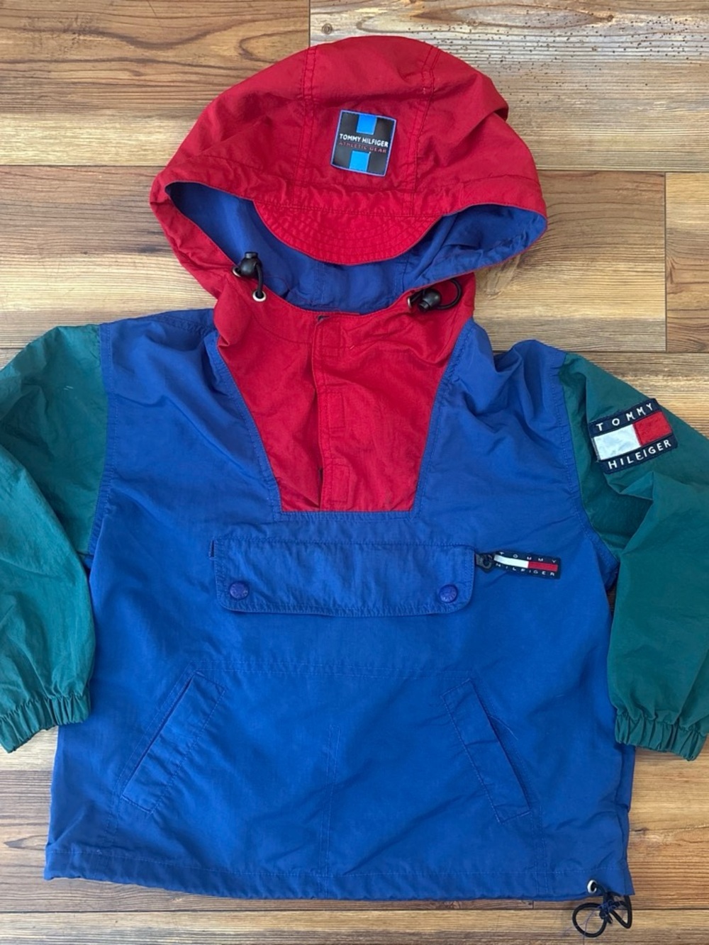 Vintage Tommy Hilfiger Kids Colorblock Hooded Pullover - Blue/Red/Green